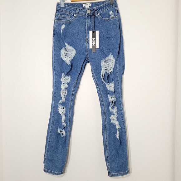 Forever 21 | Skinny Denim Blue Mom Jeans Distressed Destroyed High Waist 3 NWT - Picture 1 of 15